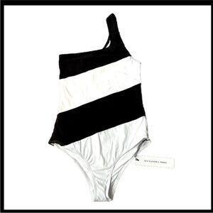 Alexandra Miro Rita black/white diagonal striped one shoulder swimsuit XS